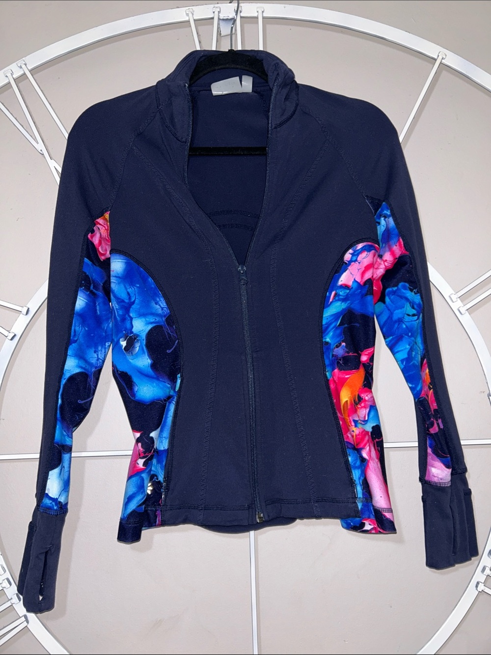 Athleta Super Impose Hope Utility Jacket Navy Zip-Up w Multicolor Floral Panels